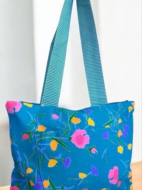 Bright Blue Floral Tote Bag with Striped Handles